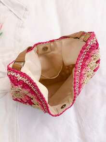 Dedoo Túi xách cỡ lớn dệt thủ công kiểu bà ngoại kẻ caro dành cho phụ nữ - Màu Hồng Tươi - Xem 9