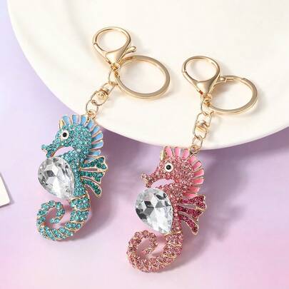 Women's Trending Seahorse Keychain With Rhinestones, Metal Key Ring, Ocean Animal Keychain, DIY Accessory, Backpack Pendant, Letter Charm, Zinc Alloy Jewelry, Summer