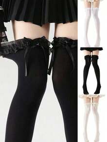 1 Pair Bow Lace Over-The-Knee Socks – Y2K Style Thigh High Socks, Perfect For Mini Skirts, Cute Kawaii Hosiery - 黑色 - 查看 2