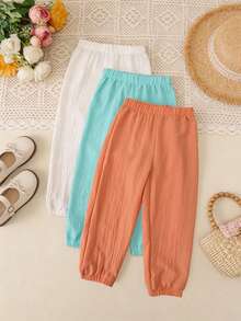 3pcs Girls' Solid Color Bubble Hem Pants, Soft & Comfortable Minimalist All-Match Versatile, Suitable For Spring, Summer, Autumn - Multicolor - View 10