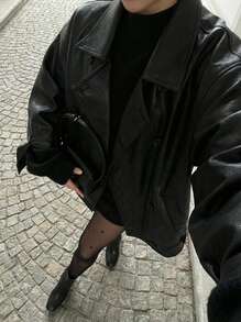 Buzzelle Plus Size Women Leather Jacket, Loose Basic Leather Coat, Long SleevPlus Sizeed Double-Breasted Leather Jacket, High-End PU Leather Jacket - Black - View 1