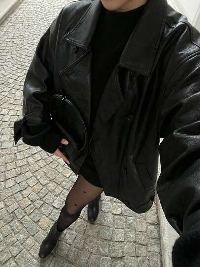 Buzzelle Plus Size Women Leather Jacket, Loose Basic Leather Coat, Long SleevPlus Sizeed Double-Breasted Leather Jacket, High-End PU Leather Jacket