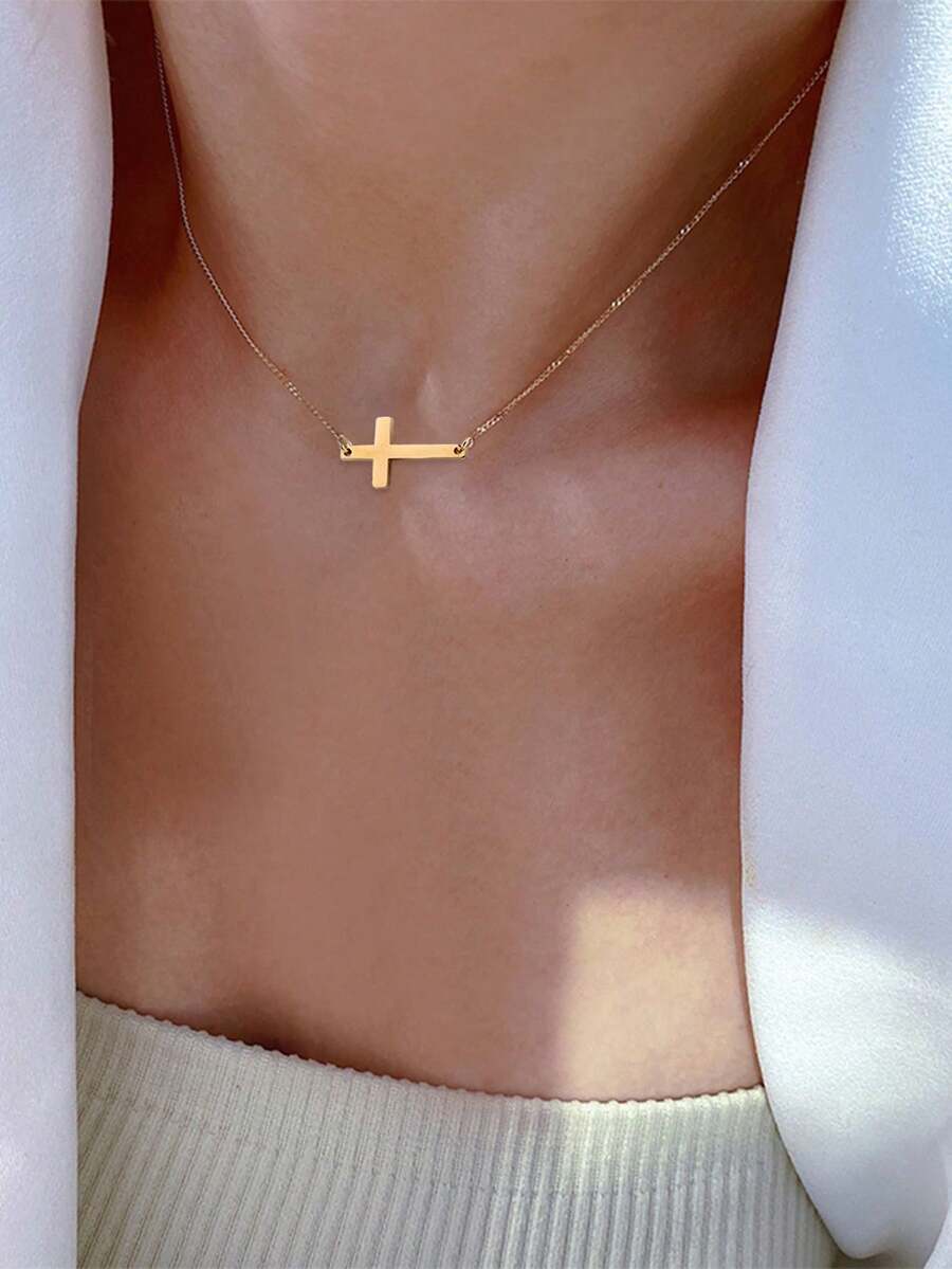 Nooxian 1pc Fashionable Delicate Minimalist Stainless Steel Cross Chain Necklace For Women, Unique Single-Layer Stainless Steel Side Cross Pendant Necklace, Choker Necklace