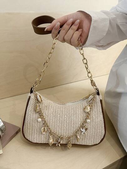 Geantă de umăr pentru femei Ocean Element, model scoici, stele de mare, geantă crossbody cu decor cu lanț de perle, geantă de plajă de vară din paie, stil boem