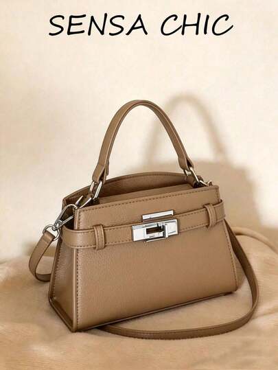 Fashion Women's Lock Handbag, New High-End Small Square Bag, Suitable For Shoulder Or Crossbody Wear, Multifunctional Women's Handbag Wallet, PU Leather Material With Litchi Texture, Solid Khaki Color, Women's Handbag, Shoulder Bag With Litchi Texture, Metal Twist Lock, Top Handle Handbag, Fashionable Multifunctional Women's Bag