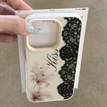 1pc TPU Material Elegant Black Lace Pink Lily Pattern Phone Case Suitable For IPhone 17 Pro Max/17/16 Pro Max/15/13/12/11, S20 FE/A15/S24/A55, Note 11/Note 12/Note 13 Pro, Full Coverage Anti-Drop Soft Protective Phone Cover - White - View 3