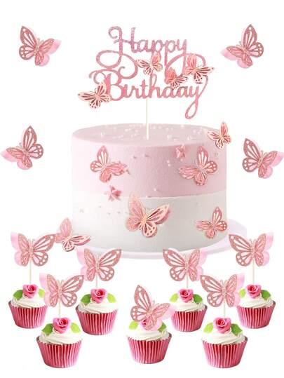 13pcs Butterfly Cake Toppers, Glitter Double Layers 3D Butterfly Cupcake Food Decorations With Happy Birthday, For Butterfly Theme Wedding, Anniversary, Birthday Party Supplies, Baby Shower
