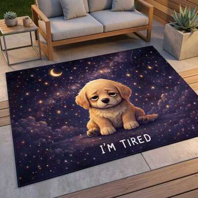 Paillasson ciel étoilé avec un chiot fatigué mignon et le texte "Je suis fatigué" - Design anti-salissure à la mode convenant pour le patio, le salon ou l'espace de loisirs intérieur moderne