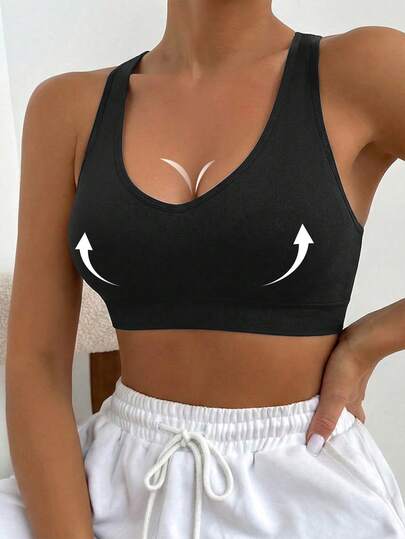 Soutien-gorge de sport push-up pour femmes, noir, brassière de base de yoga, soutien moyen, sous-vêtements pour femmes, brassière sans rembourrage, brassière sans couture unie, pour le sport et la fitness