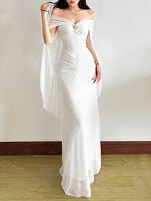 Top Dazzle Women's Sexy V-Neck Sleeveless Knitted Long Dress With Contrast Mesh Details, Elegant Off-Shoulder Gown For Prom And Parties - White - View 5