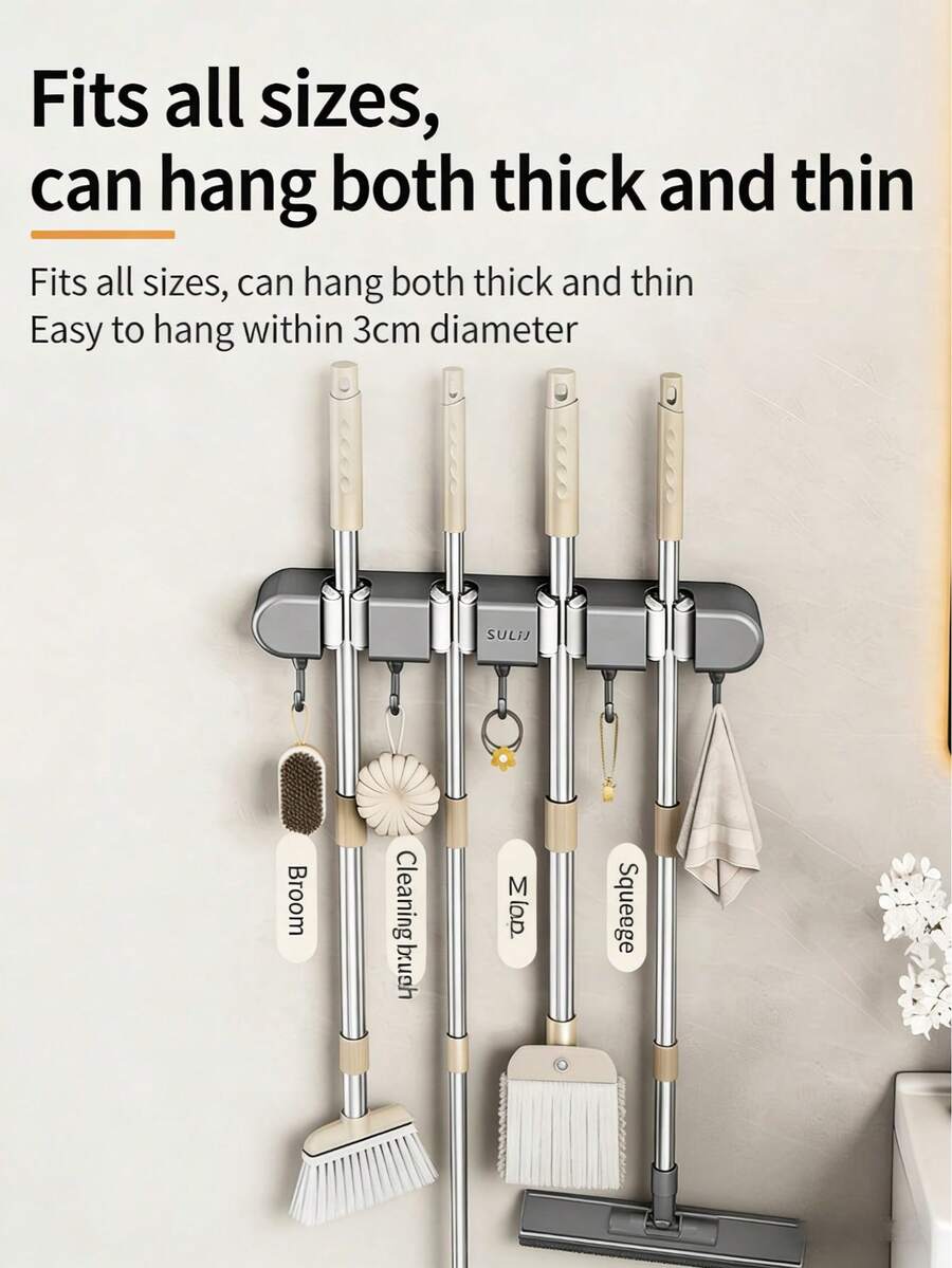 1个壁挂式拖把扫帚架，3/4英寸多功能壁挂式拖把夹，免打孔拖把固定钩，带强力粘合剂，浴室壁挂式收纳方案，重型工具挂钩