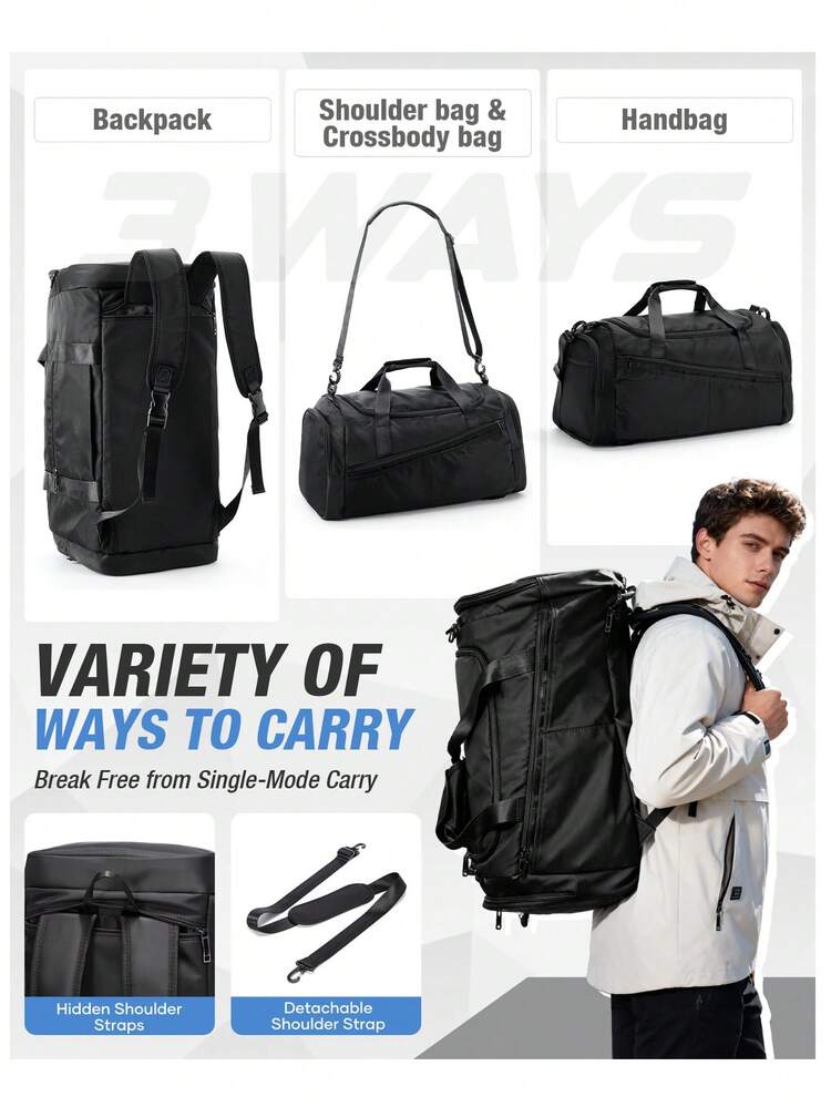 Travel Duffel Bag, Crossbody Bag, Large Capacity Tote Bag, Men's Gym Sports Handbag, Women's Weekend Overnight Bag With Waterproof Compartment And Shoe Compartment, Suitable For Travel, Fitness, Yoga, Backpack Or Shoulder Carry, Black - A - View 4