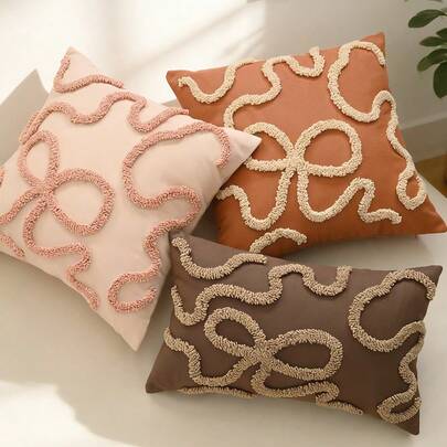 1pc Pink Fluffy Bow Decorative Pillow Cover, Bohemian Style Living Room Sofa Bedroom Cushion Cover, Home Textile Decor For Daily, Party, Holiday