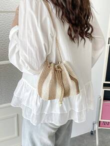 条纹时尚新款单肩斜挎包，公文包式通勤包，抽绳水桶包，配简约时尚金属链条肩带 - 卡其色 - 查看 8