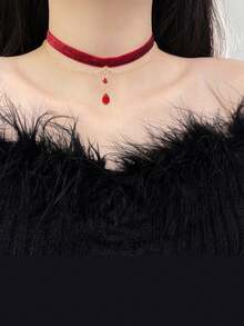 1pc Women's Retro Velvet Chain Crystal Pendant Necklace, Fashion Tassel Choker Necklace - Multicolor - View 2