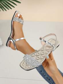 Sparkling Flat Sandals Suitable For Teenagers: Square Toe Glitter Crystal Ankle Strap Sandals - Silver - View 8