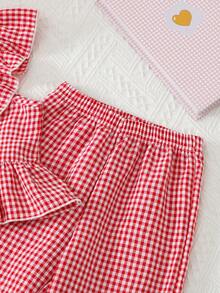 Young Girl 2pcs Set Fashion Casual Red & White Color Block Plaid Non-Stretch Spaghetti Strap Square Neck Pullover Top With Matching Elastic Waist Straight Leg Pants, Daily Casual, Weekend Outings, School Daily Wear Summer Girls Pants Set - Red and White - View 3