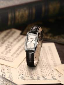 1 件女士罗马数字表盘真皮表带石英表，时尚日常佩戴 - 黑色 - 查看 1