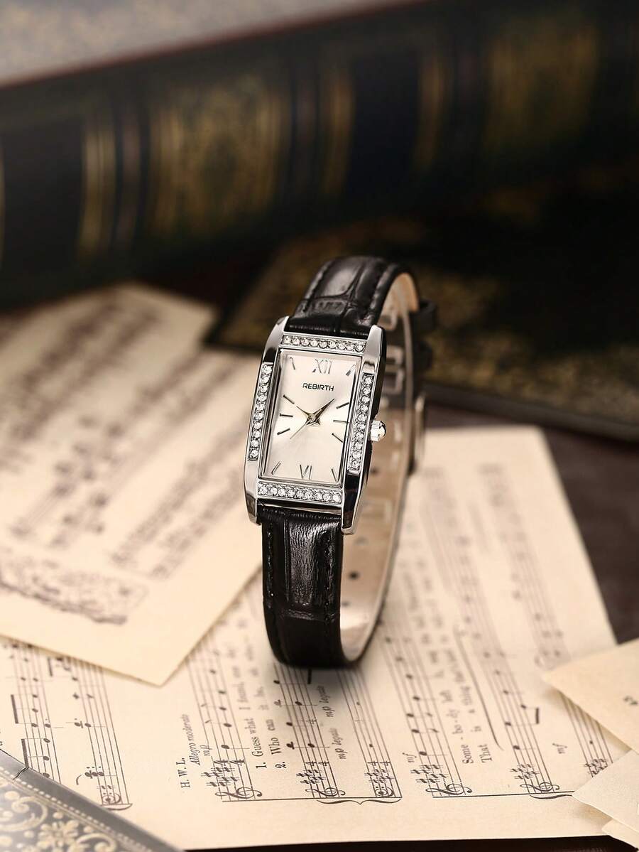 1 件女士罗马数字表盘真皮表带石英表，时尚日常佩戴 - 黑色 - 查看 1