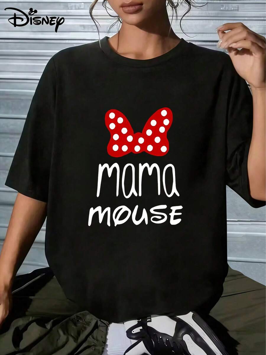 The Front Features Minnie Mouse's Iconic Red Polka-Dot Bow And The Words "Mama Mouse," Creating A Warm And Loving Family-Friendly Atmosphere. Suitable For: Daily Commutes, Disneyland Visits, And Matching Family Outfits.Made From Soft, Comfortable, And Durable Pure Cotton, This Is An Ideal Choice For Spring And Summer. This Crew Neck T-Shirt Is Suitable For Various Occasions, Including Everyday Wear, Shopping, Parties, Travel, And Gatherings, And Also Makes A Thoughtful Gift. - Noir - Voir 1
