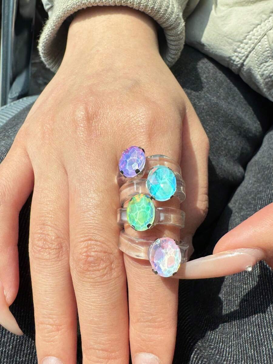 Set de 4 anillos de resina transparente y colorida, set de anillos con piedras facetadas brillantes, joyería para mujer, adecuado para verano, primavera, playa, regalo para amigos - Multicolor - Ver 1