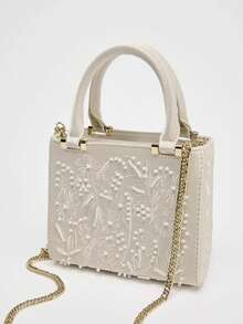 Fashion Floral Embroidery Square Bag High Quality Tote Bag Large Capacity Women's Handbag Lady Purse Shoulder Messenger Bag - Beige - View 5