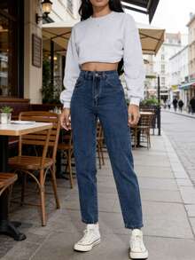 Vaqueros vintage casuales de cintura alta y pierna recta para mujer, para primavera/verano, con bolsillos con detalle de botón y cremallera. - Azul oscuro - Ver 4
