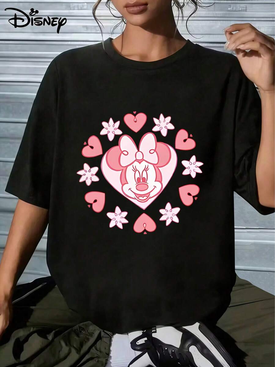 Soft, Breathable Unisex Short-Sleeve Cotton T-Shirt, Disney Minnie Mouse Pink Heart & Flower Wreath Graphic Print, Cute Casual Style, Everyday Outfit, Pullover TeeMade From Soft, Comfortable, And Durable Pure Cotton, This Is An Ideal Choice For Spring And Summer. This Crew Neck T-Shirt Is Suitable For Various Occasions, Including Everyday Wear, Shopping, Parties, Travel, And Gatherings, And Also Makes A Thoughtful Gift. - 黑色 - 查看 1