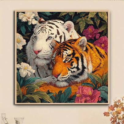 1pc DIY Tiger In Floral Pattern 5D Diamond Painting Kit, [30*30cm/11.8*11.8in] [40*40cm/15.7*15.7in], Suitable For Adult Beginners DIY Mosaic Diamond Art, Full Drill Handmade Hobby, Wall Decor For Living Room, Bedroom, Office, Surprise Gift For Family And Friends, Frameless