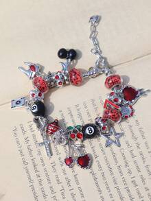 1条豹纹哥特樱桃吊坠手链，1条黑色8号球樱桃手链，1条星形女孩星星手链，1条幸运数字777手链，1条豹纹十字星手链，1条暗黑哥特红色樱桃牙齿手链 - 銀色 - 查看 7