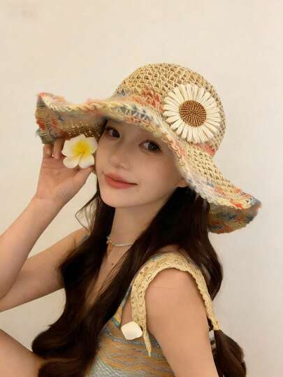 Women's Wide Brim Floral Sun Hat - UPF 50+ Sun Protection, Breathable Summer Vacation Coastal Travel Hat (Multicolor, Daisy), Boho Style, Sun Hat, Wedding Hat, Women's Hat, Women's Bucket Hat