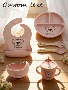 Customized Children's Tableware, Infant Complementary Food Weaning Tools, Silicone Bibs, Plates, Bowls, Straw Cups, Forks And Spoons - Multicolor - View 2