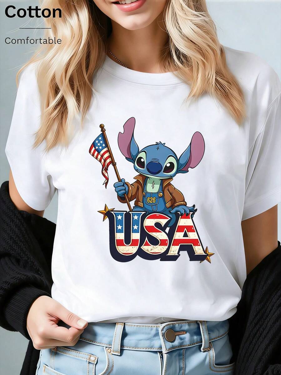 Disney USA Stitch Oversized T-Shirt: White Loose Fit Cotton Tee With Retro Patriotic Graphic, Perfect For Lilo & Stitch Fans, Theme Park Visits And Casual Wear, Ideal Gift - 白色 - 查看 1