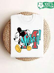 Disney Spring/Summer Women's Short-Sleeve Disney Round-Neck Casual T-Shirt With Mickey Cartoon Print And Text. Women's Running Fashion Round-Neck 100% Short-Sleeve T-Shirt. Short-Sleeve Round-Neck Casual Top. Disney Journey Short-Sleeve Top. Spring/Summer - trắng - Xem 1