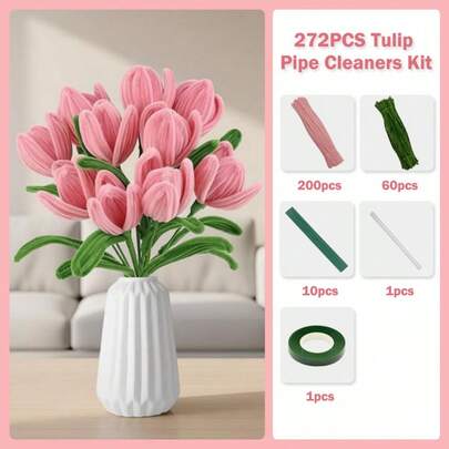 272PCS Tulip Pipe Cleaners DIY Kit, Chenille Stems For Delicate & Vivid DIY Tulip Bouquets, Include Floral Accessories, Home Decor & Handmade Gifts(No Vases Included)