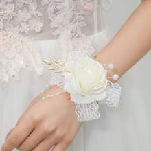 1pc/2pcs Elegant Ivory Rose Flower With Lace Trim, Beaded Faux Pearl Elastic Wristband & Brooch, Suitable For Bride, Groom, Bridesmaids, Mothers, Grandmothers, Girls For Weddings, Balls, Parties, Engagement Decorations,Summer,Beach - White - View 11