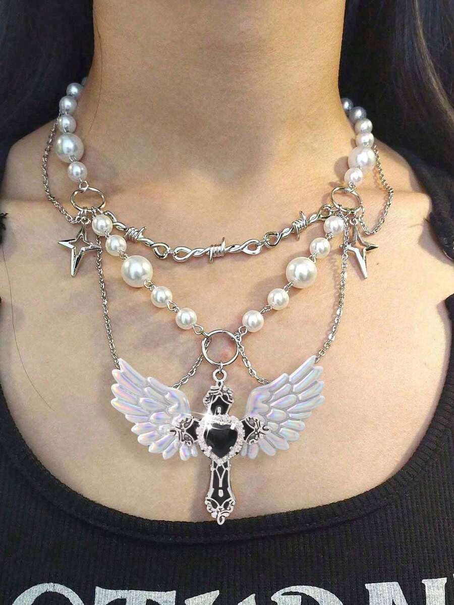 1件复古哥特式Y2K天使翅膀水钻心形十字架吊坠项链，双层甜美朋克风颈链，优雅女士项链，适合万圣节 - 銀色 - 查看 1