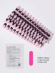 150片/套杏仁形白色渐变美甲贴片，渐变美甲甜美别致法式韩风美甲贴纸，新款时尚美甲贴片，包含1片果冻胶和1个指甲锉，适合女性派对、舞会、日常穿着 - 黑色 - 查看 5