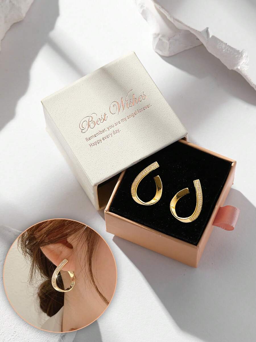 1 Pair Gold U-Shaped Hoop Earrings With Double Row Cubic Zirconia, Modern Geometric Minimalist Earrings, Suitable For Office, Business And Evening Occasions, Ideal Gift Choice - Gold - View 1