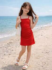 Váy ôm dáng dây mảnh màu xanh lam, phong cách dự tiệc/nghỉ hè, phù hợp cho bé gái từ 8-12 tuổi - Đỏ - Xem 4