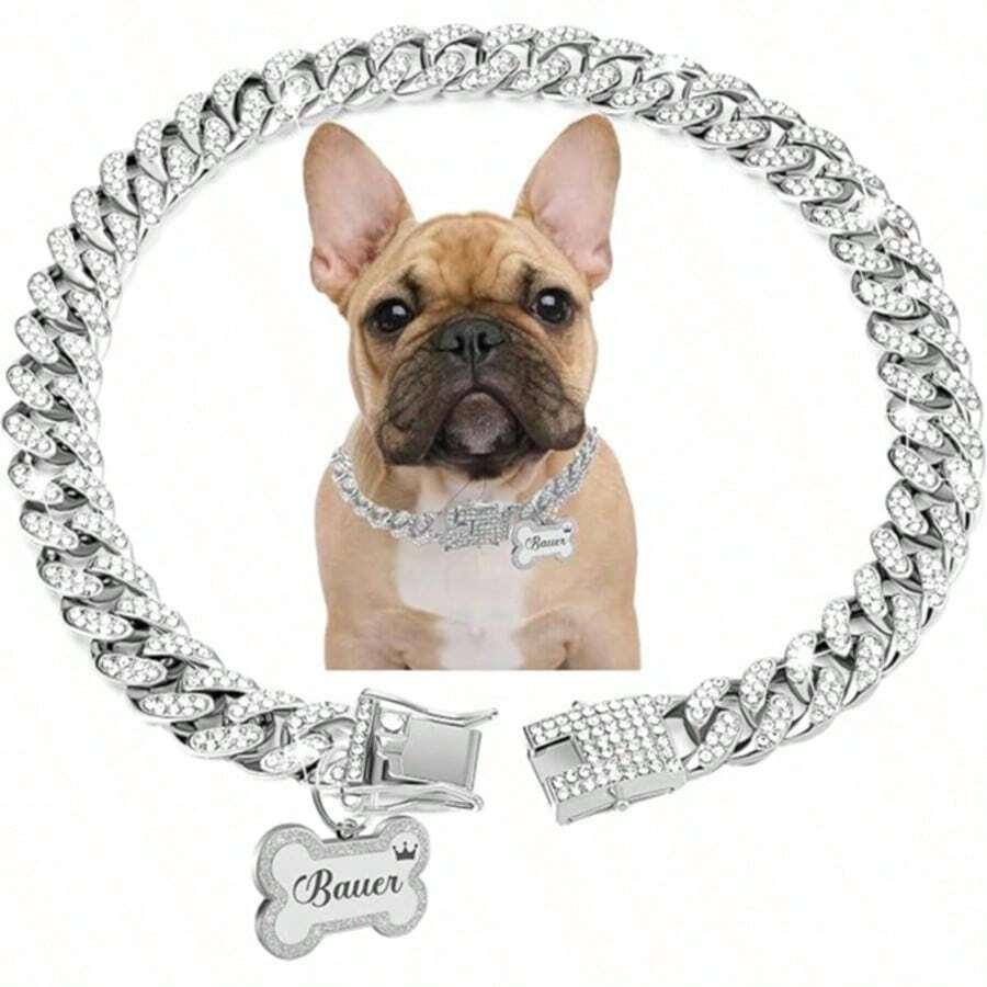 Collana regolabile da hip hop per cani con ciondolo a forma di osso inciso, design classico adatto per gatti e cani - Multicolore - Visualizzare 1