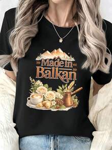 Women's Graphic Tee, Made In 100% Cotton, Crew Neck, Relaxed Fit, Hip-Hop Street Style - Black - View 1