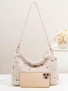 简约夏季海滩度假风女士拉链单肩包、腋下包、月牙包、流浪包，适合日常使用和度假 - 米色 - 查看 4