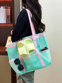 1pc Quilted Open-Top Mesh Beach Bag, Large Capacity Beach Travel Vacation Storage Bag, Portable Foldable Swimming Fitness Storage Bag, Washroom Bag, Toy Storage Bag - Green - View 3