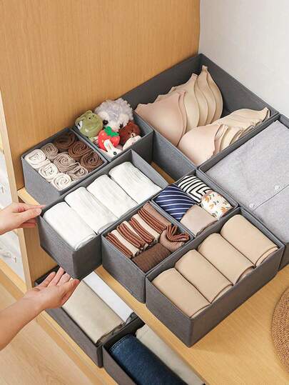 1个S/M/L深灰色布艺可折叠收纳盒，可收纳内衣、衣物、袜子，也可用于梳妆台化妆品收纳