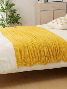 1pc Knitted Throw Blanket, Casual Nap Blanket With Tassels For Bed, Living Room, Sofa, Chair - Yellow Chain Scarf - View 3