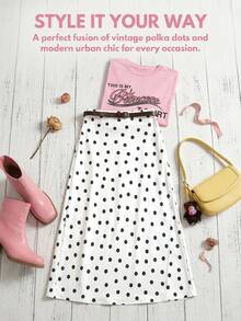 Women's Polka Dot Satin Maxi Skirt, Spring Summer Elastic High Waisted Elegant Flowy A-Line Long Skirt - White - View 4