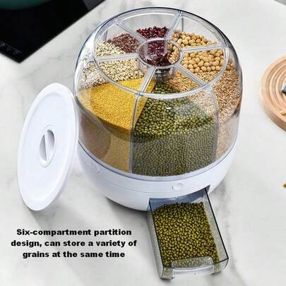 1pc Household Rice Storage Bin, Whole Grain Storage Canister, Moisture-Proof, Insect-Proof, Dust-Proof, 6-Compartment Rotating Transparent Visible Design, Sectioned Storage And Dispensing, Suitable For Rice, Beans, Grains And More, Essential Kitchen Storage Solution.