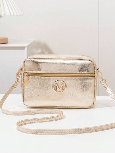Bolsa feminina de ombro, bolsa transversal, bolsa quadrada pequena, cor dourada.