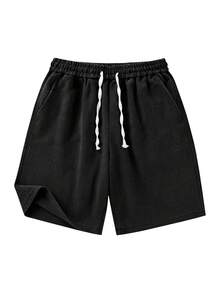 Men's Vintage Washed Shorts, Casual Loose Fit Elastic Waist Drawstring Shorts With Side Pockets, Streetwear Fashion For Summer - màu đen - Xem 3
